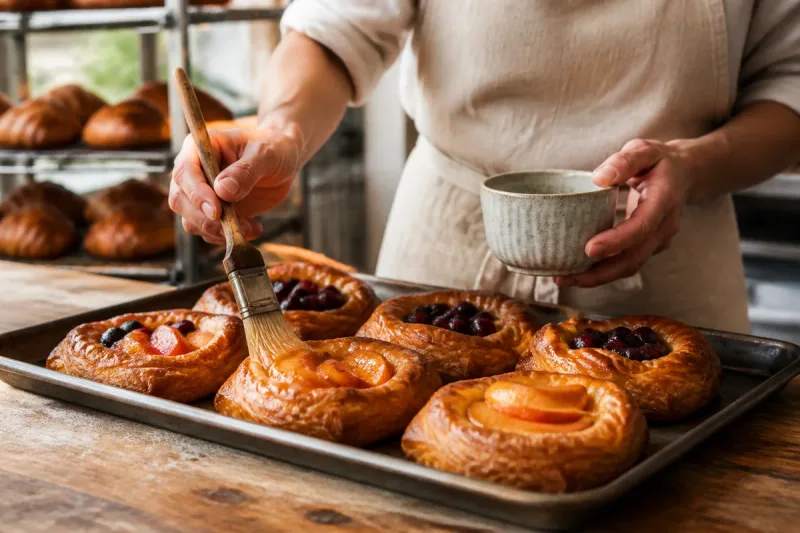Baker glazing fresh fruit pastries in the kitchen.