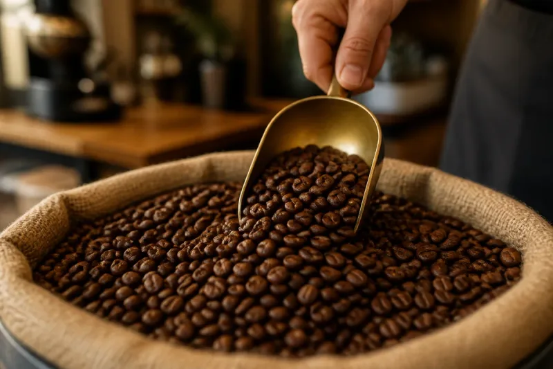 Roasted coffee beans being scooped with a brass scoop.