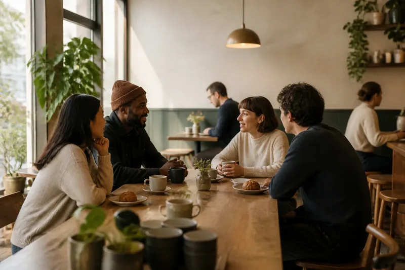Cafe guests chatting around a communal table.