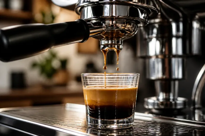 Close-up of espresso shot pulling with rich crema.