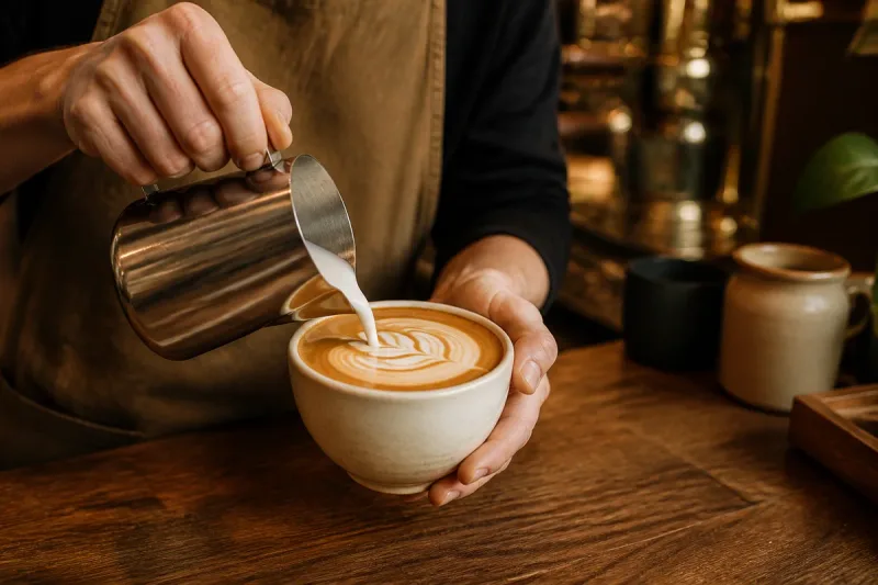 Barista pouring latte art into a ceramic cup.