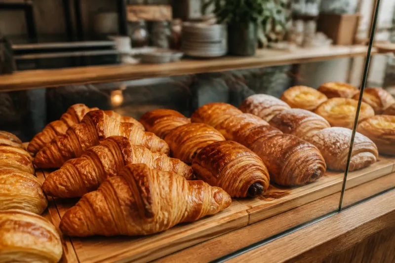 Fresh croissants and pastries in the case.