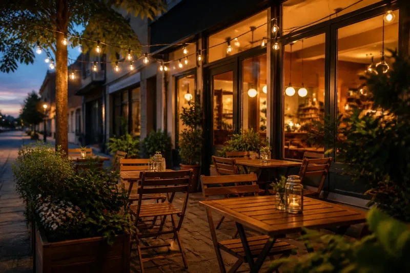 Outdoor cafe seating under string lights at dusk.