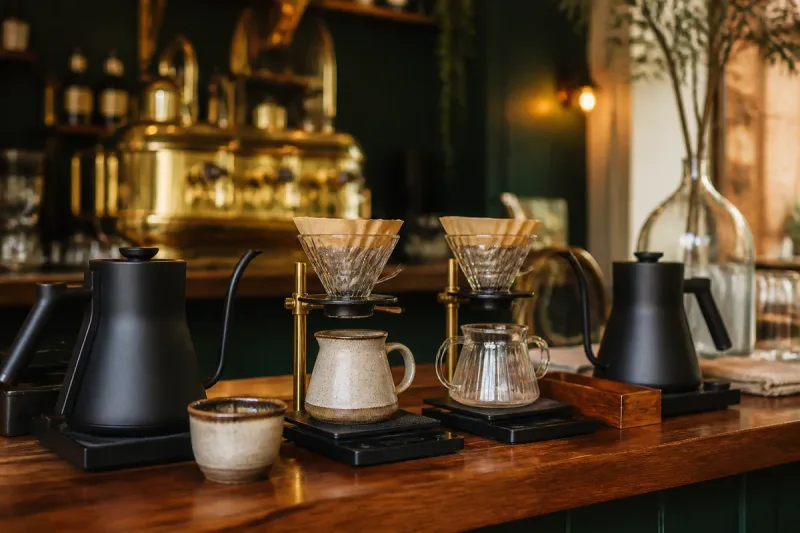 Pour-over coffee bar with kettles, drippers, and scales.