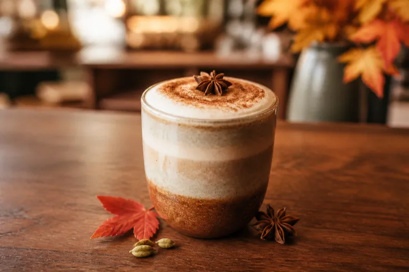 Seasonal maple cardamom latte with a warm spice garnish.